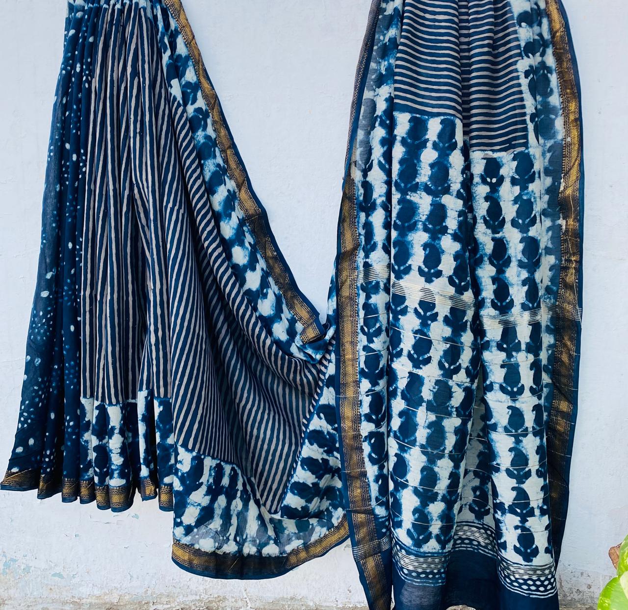 Maheshwari silk saree wholesale, hand block printed indigo, pure silk saree by Fabtexs